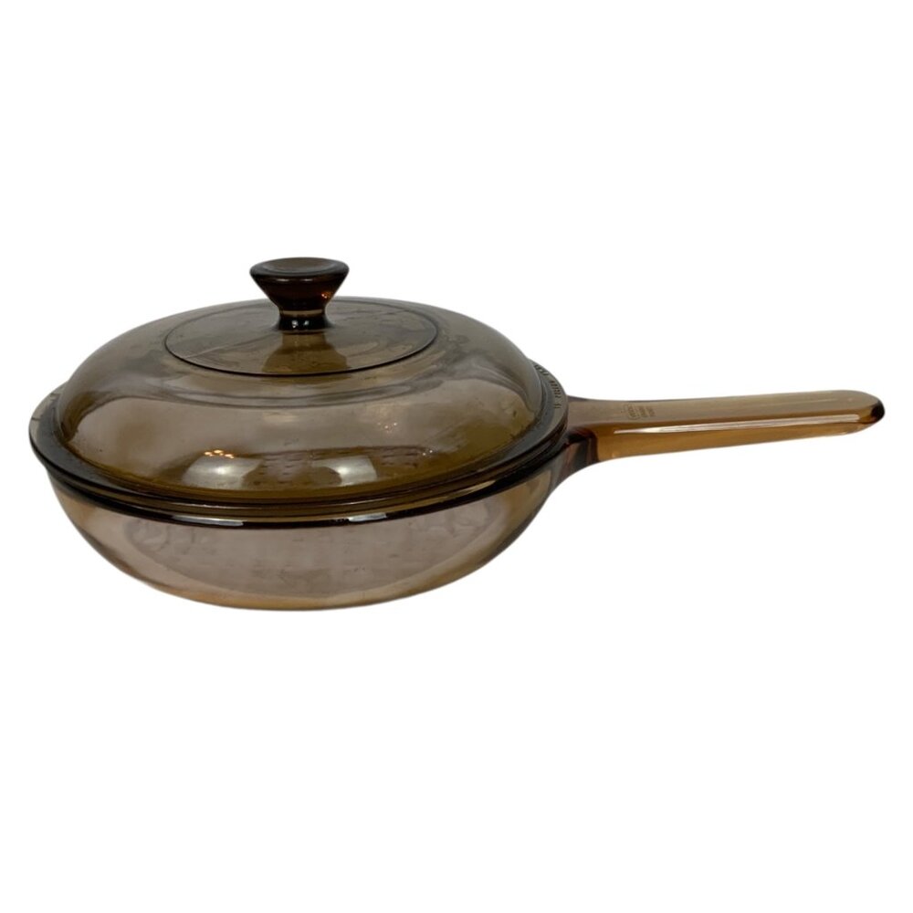Vintage Vision Corning 7 inch Amber Glass Skillet Waffle Bottom Pyrex Lid - Picture 2 of 9